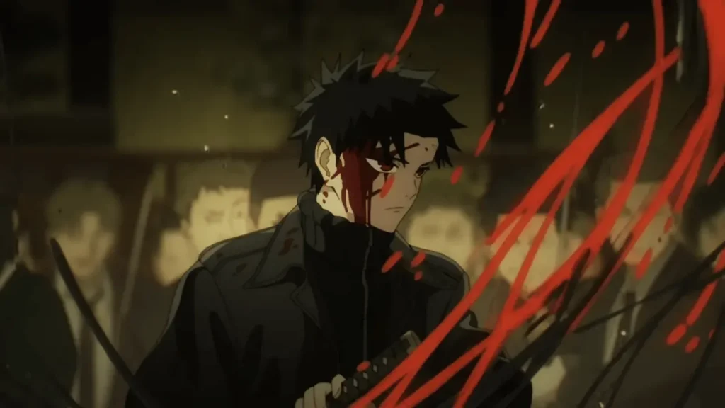 Chihiro Rokuhira sosteniendo su katana rodeado de destellos de sangre en Kagurabachi anime