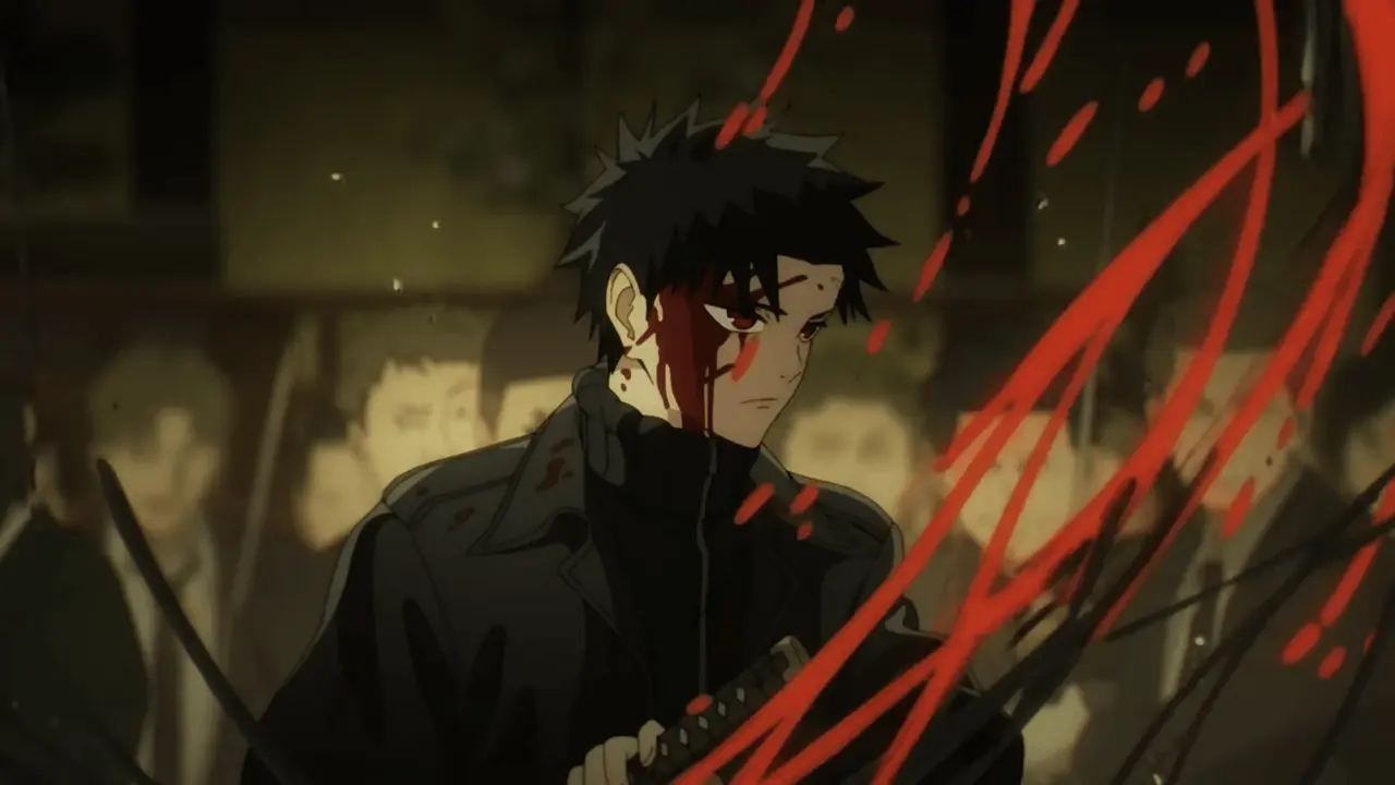 Chihiro Rokuhira sosteniendo su katana rodeado de destellos rojos